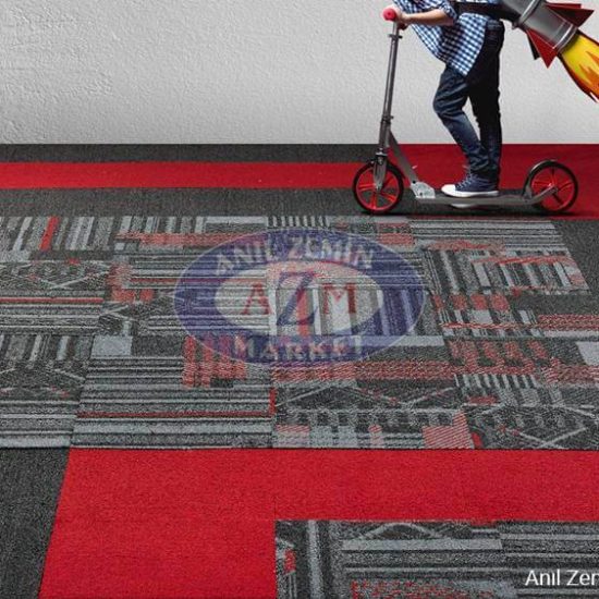siyah, gri, kırmızı çizgili motif desenli karo ofis halı